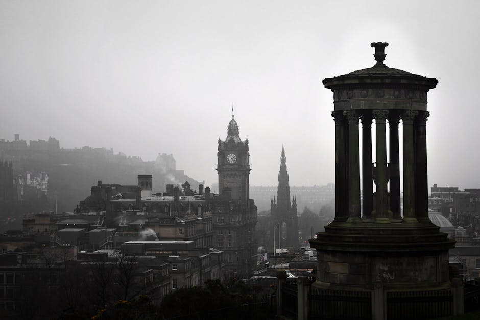 Calton Hill Edinburgh grey skies featuring monuments