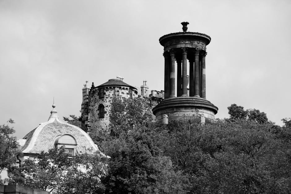 Calton Hill historic monuments black and white Edinburgh