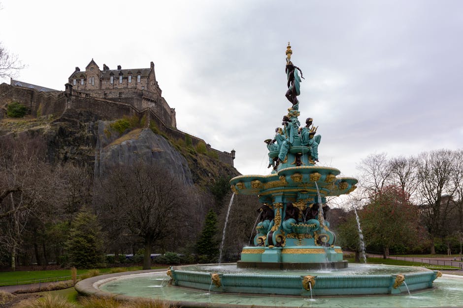 Ross Fountain in Princes Street Gardens framing Edinburgh Castle