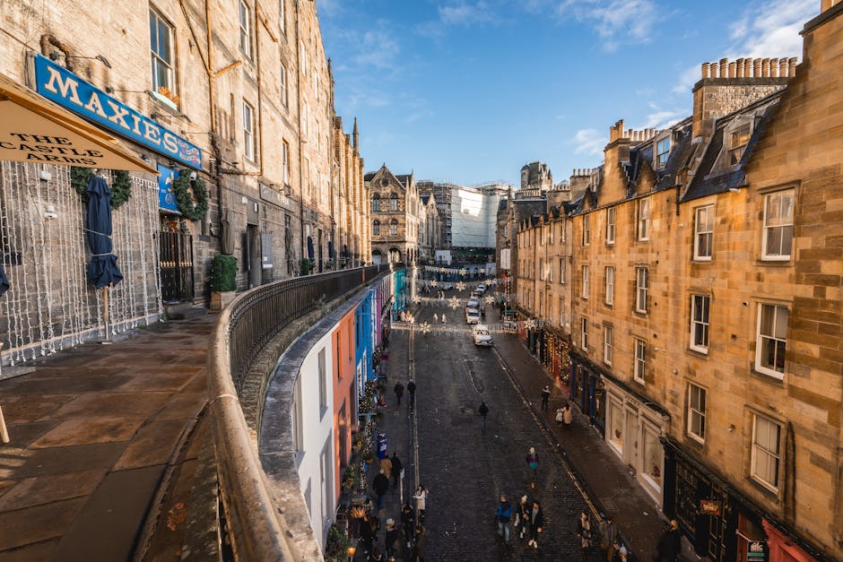 Edinburgh Victoria Street with colorful shops historic architecture