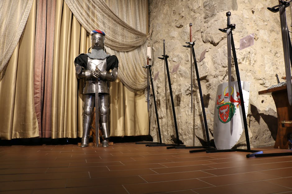 Medieval knight's armour and swords on display in Edinburgh Castle