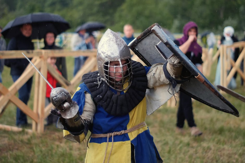 Medieval knights in armour reenacting battles of Edinburgh Castle