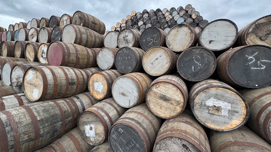 Whisky oak barrels maturing in a Scottish distillery warehouse