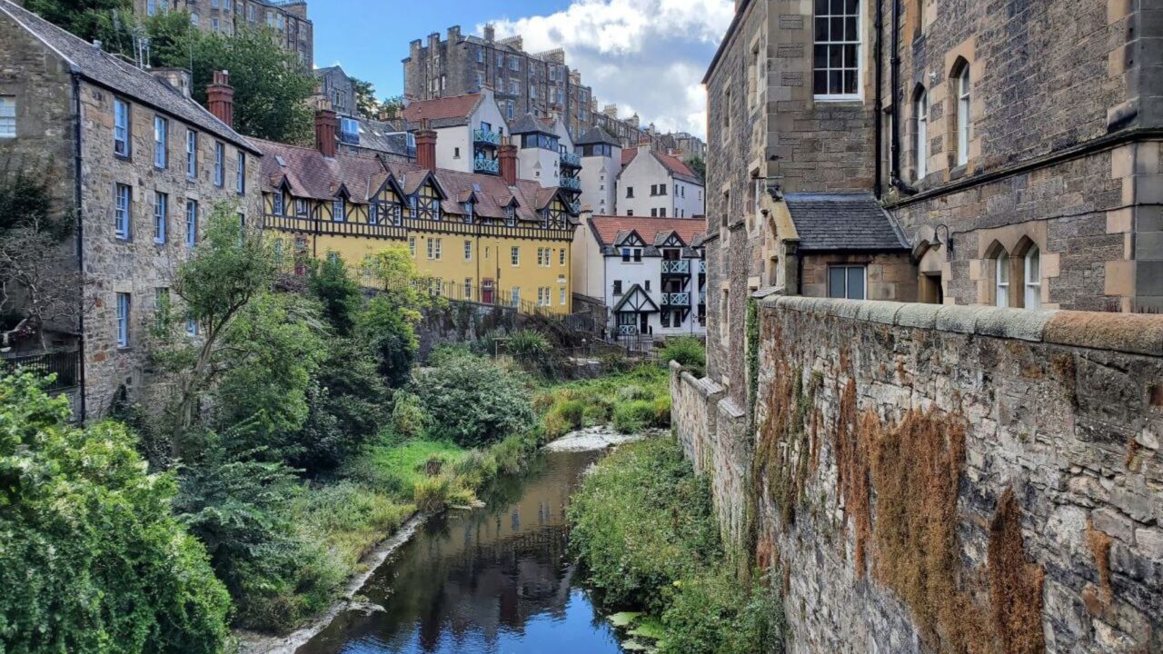 Historic houses beside the Water of Leith in Dean Village, Edinburgh