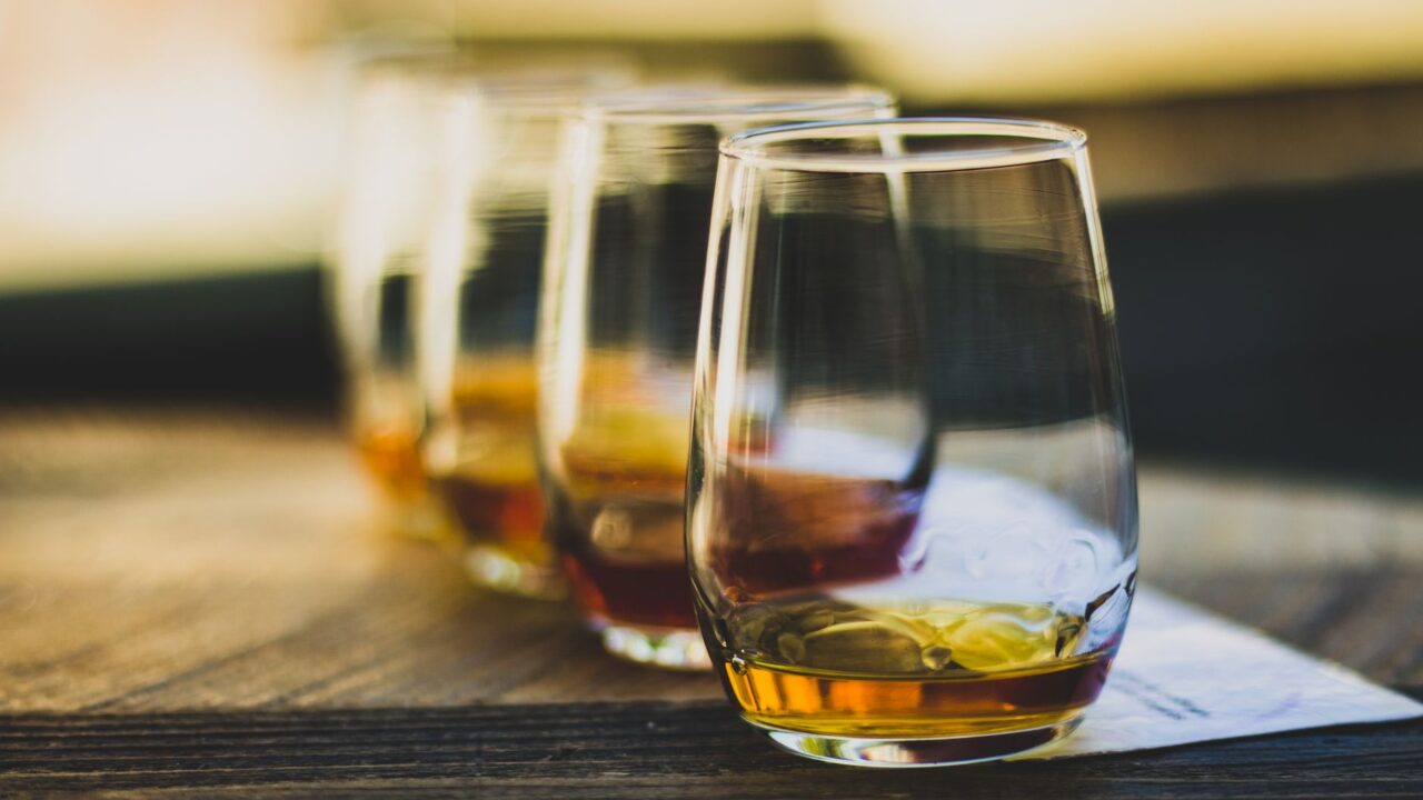Glasses of Scotch whisky arranged for a tasting flight in Edinburgh