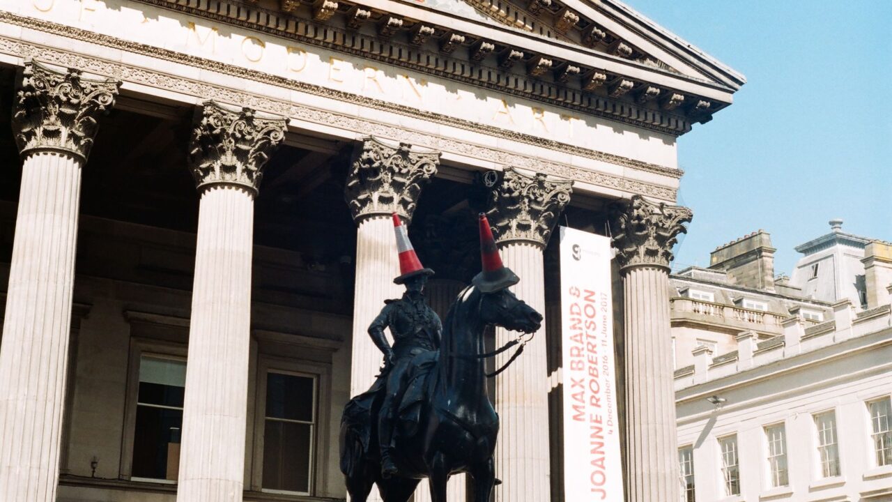 The Duke of Wellington statue wearing traffic cones outside Glasgow's Gallery of Modern Art