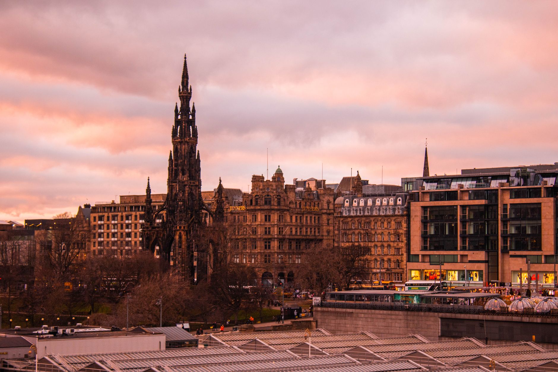 The Scott Monument and the Princes Street frontage in Edinburgh at sunset