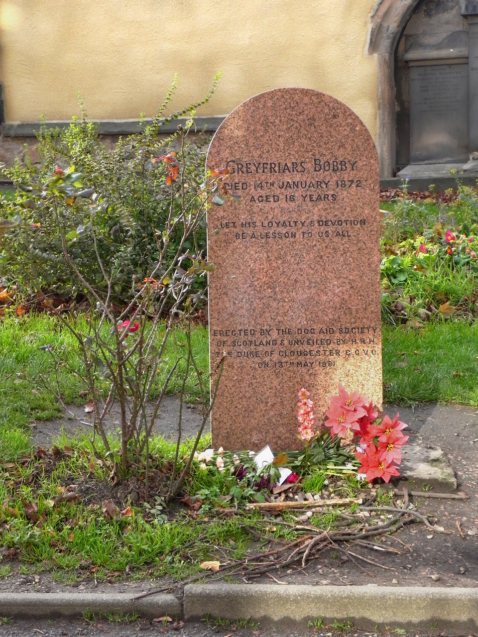 Greyfriars Bobby's red granite headstone in Edinburgh's Greyfriars Kirkyard, with flowers and sticks at its base.