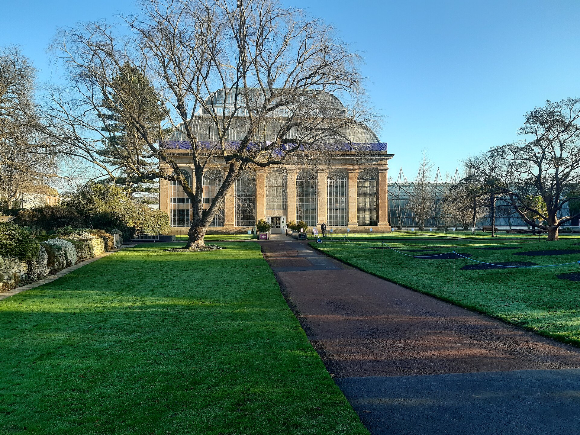 A straight path crosses green lawns toward the glass-roofed Palm House at the Royal Botanic Garden Edinburgh.