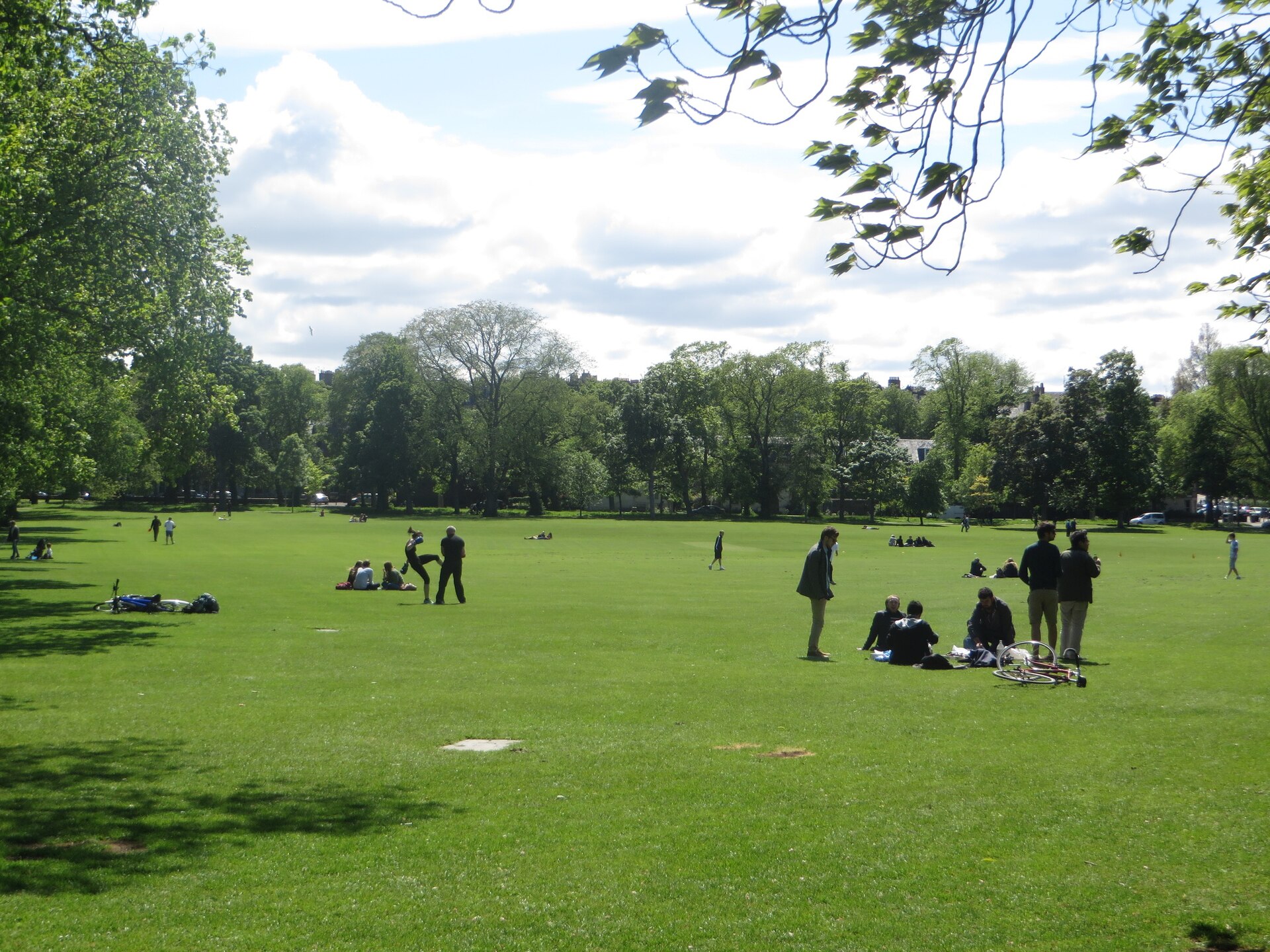 Visitors sit and relax on the grass at the Meadows in Edinburgh, with bicycles beside groups beneath leafy trees.
